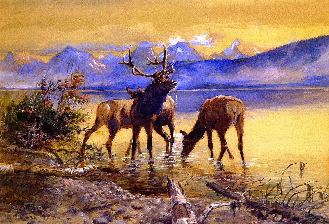 wapiti au lac mcdonald 1906 Charles Marion Russell cerf Peintures à l'huile
